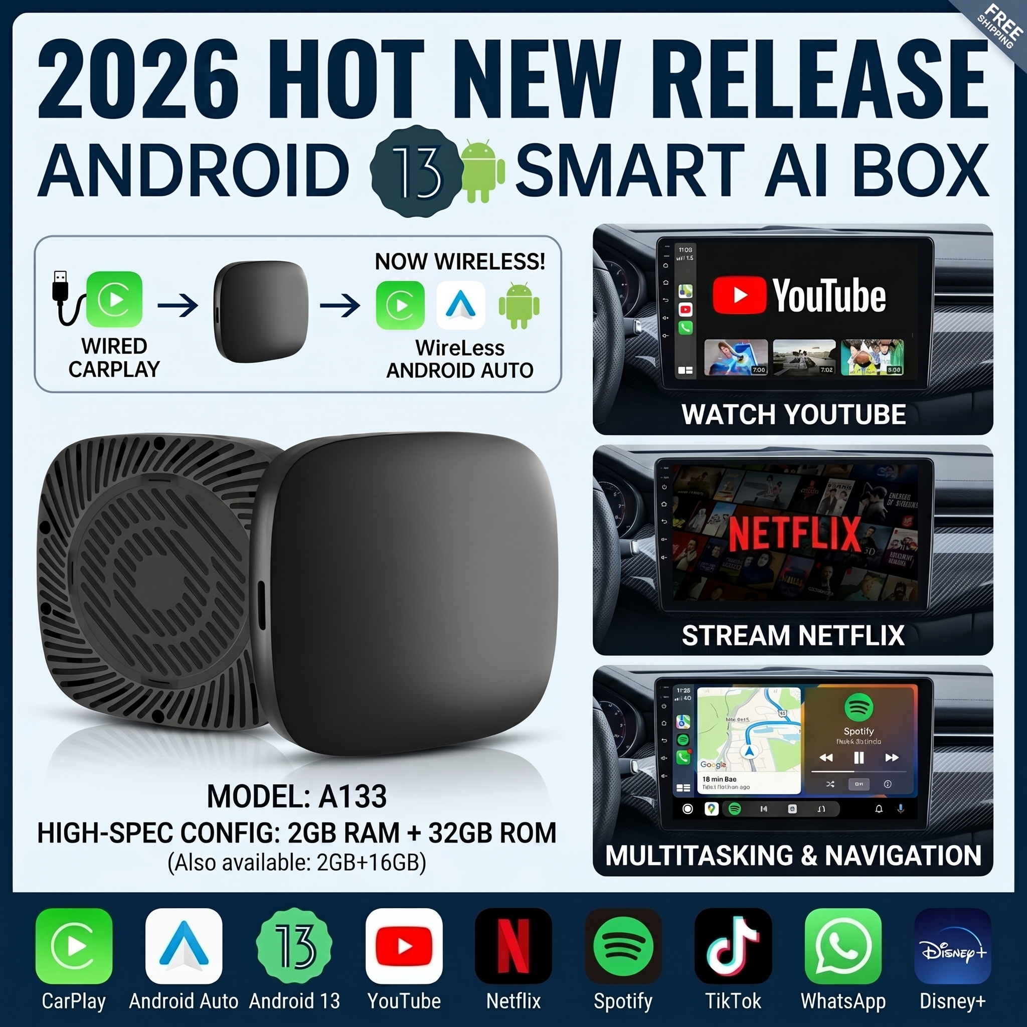 Travel Adapter Universal - 2026 Kowankit Android13 CarPlay Ai Box